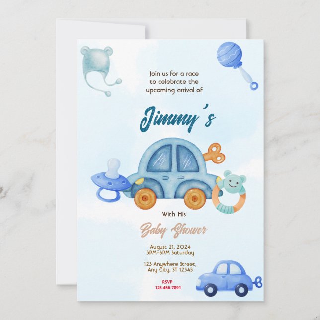 Invitación Baby Shower de coche de juguete azul (Anverso)