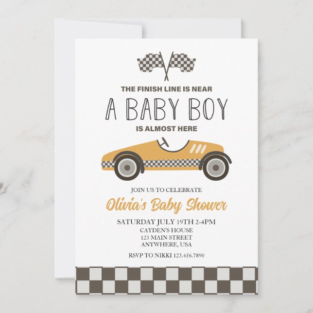 Invitación Baby Shower de coches de carrera amarilla (Anverso)