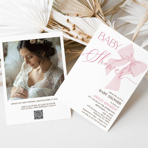 Invitación Baby Shower de código QR de Bow rosa minimalista
