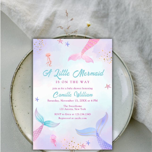 Invitación Baby Shower de cola de sirena de verano en el océa (Cute Ocean Summer Mermaid Tail Baby Shower Invitation)