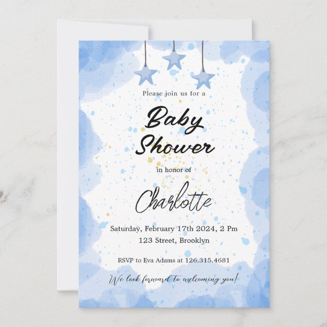 Invitación Baby Shower de color azul (Anverso)