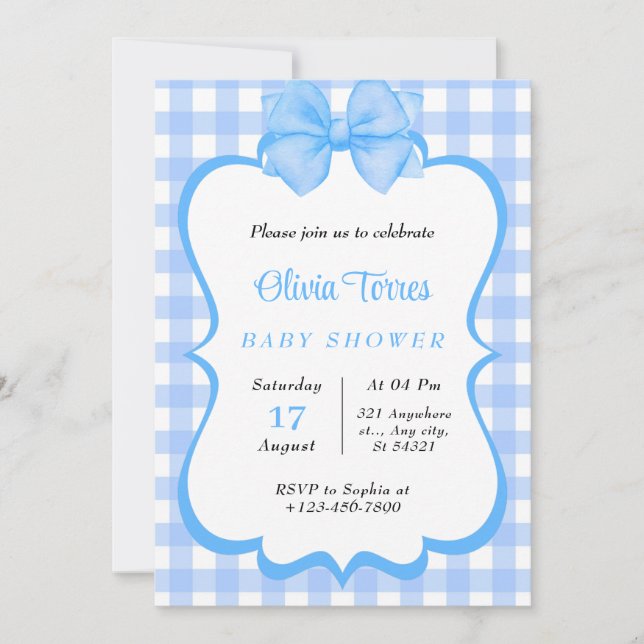 invitación Baby Shower de color azul blanco (Anverso)