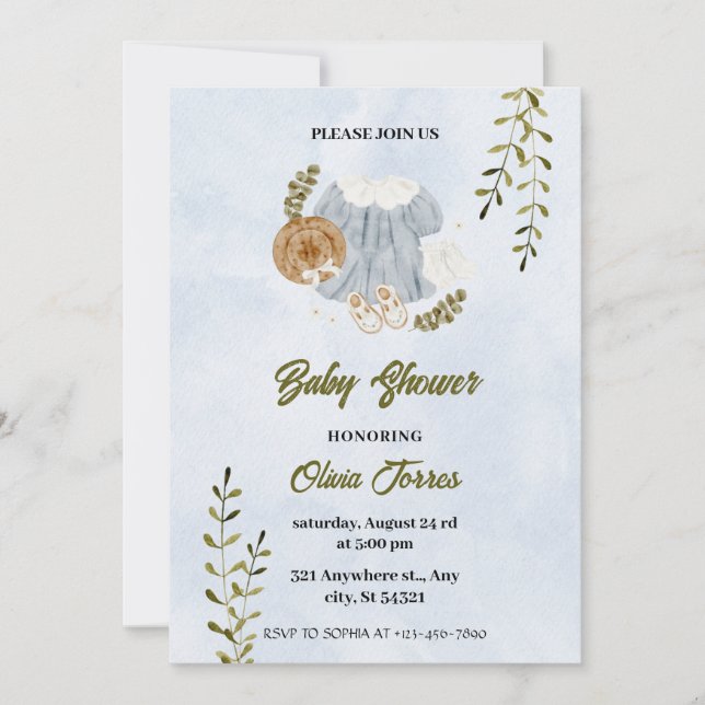 Invitación Baby Shower de color azul blanco (Anverso)