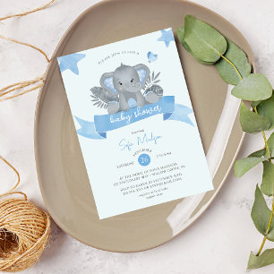 Invitación Baby Shower de color azul para elefante bebé