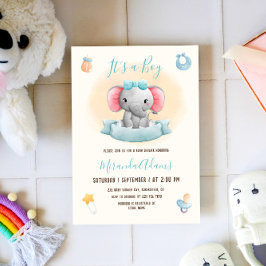 Invitación Baby Shower de color azul para elefantes de niño