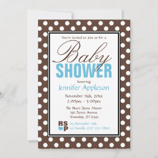 Invitación Baby Shower de color azul polka marrón