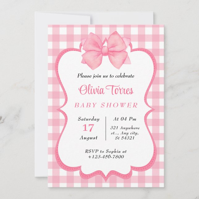 Invitación Baby Shower de color blanco rosado (Anverso)