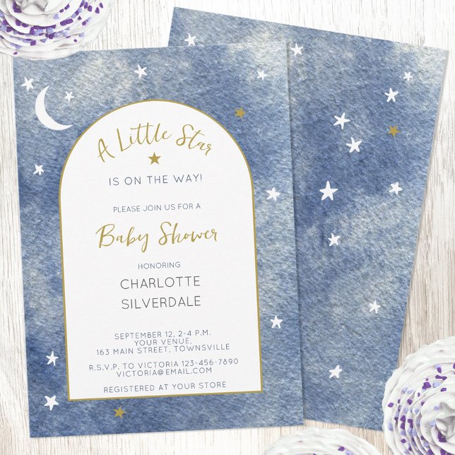 Invitación Baby Shower de color de agua celeste de Little Sta (Little Star celestial personalized custom text watercolor baby shower invitation in navy white gold)
