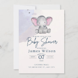Invitación Baby Shower de color de agua elefante de Blue Boy