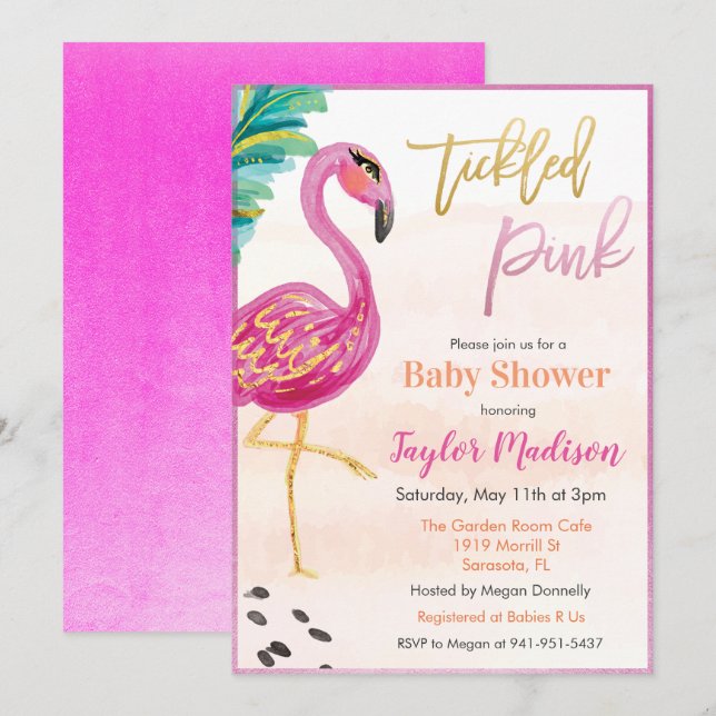 Invitación Baby Shower de color de agua flamenco (Anverso / Reverso)