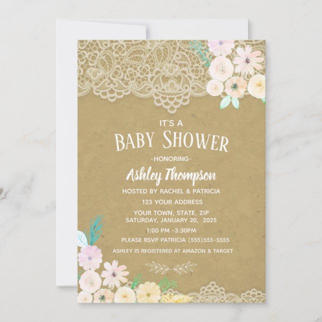 Invitación Baby Shower de color de agua floral rosa y encaje (Anverso)