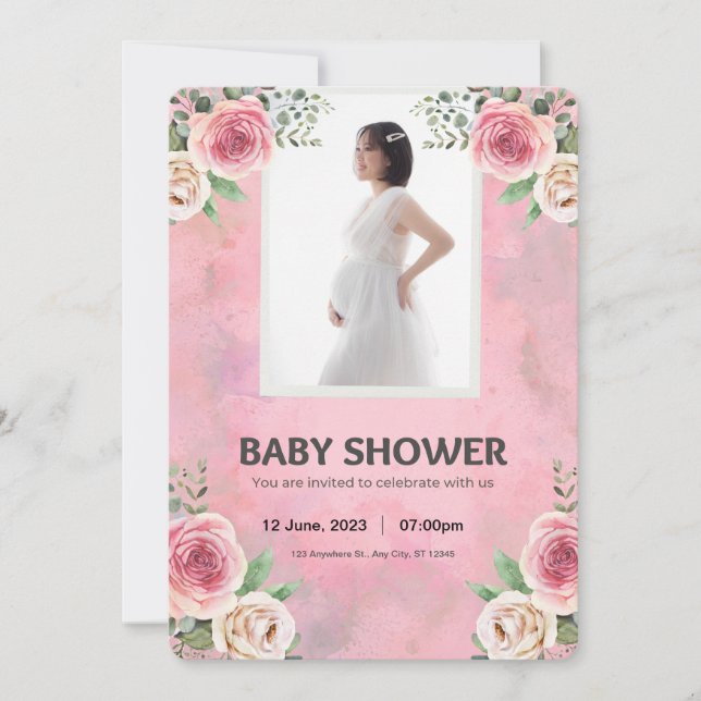 Invitación Baby Shower de color de agua rosa (Anverso)