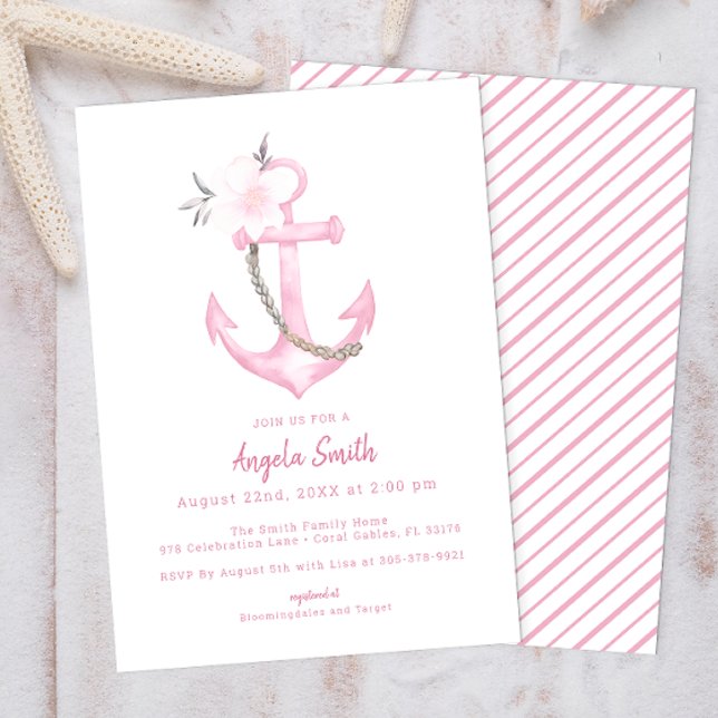 Invitación Baby Shower de color de agua rosa (Pink Nautical Baby Shower Invitation)