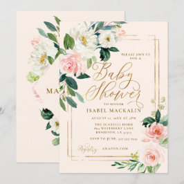 Invitación Baby Shower de color de agua rosa y vegetación flo