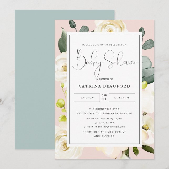 Invitación Baby Shower de color de agua rosado Rubor de veran (Anverso / Reverso)