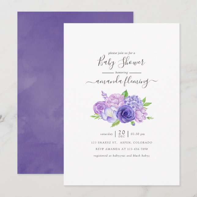 Invitación Baby Shower de color de agua ultravioleta (Anverso / Reverso)