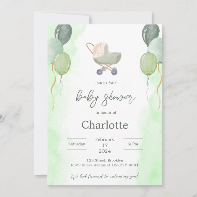 Invitación Baby Shower de color de agua verde suav (Anverso)
