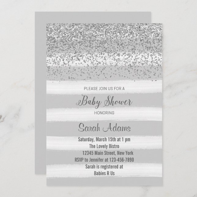 Invitación Baby Shower de color gris y plata (Anverso / Reverso)