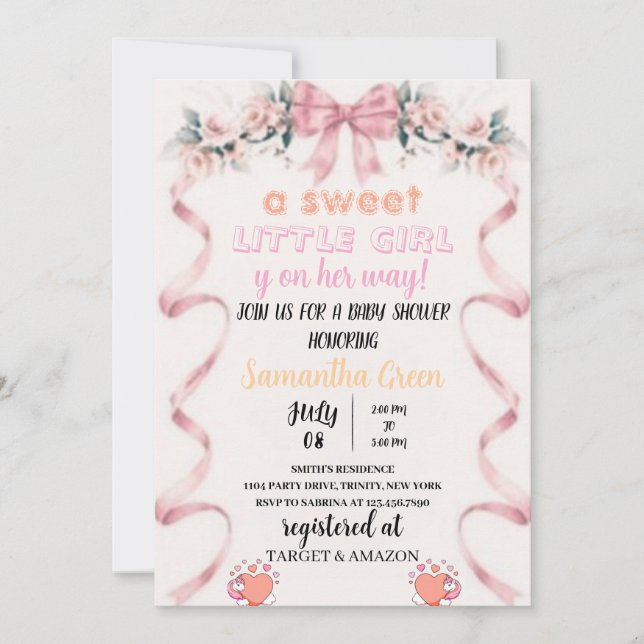 Invitación Baby Shower de color rosa editable (Anverso)