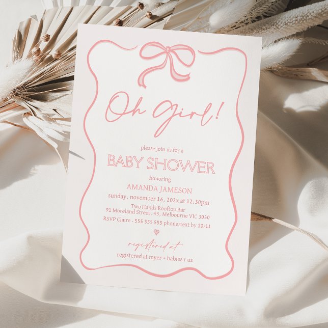 Invitación Baby Shower de color rosa moderno Oh Ch (Whimsical Pink Bow baby Shower Invitation, Simple Bow Themed Baby Shower Invitation For Baby Girl.)