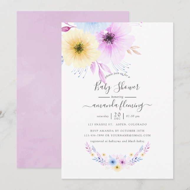 Invitación Baby Shower de color rosa y azul pastel (Anverso / Reverso)
