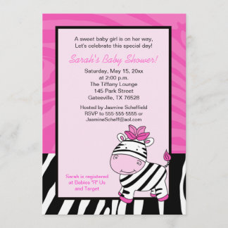Invitación Baby Shower de color rosa Zebra 5x7