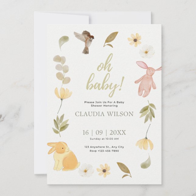Invitación Baby Shower de color verde crema (Anverso)