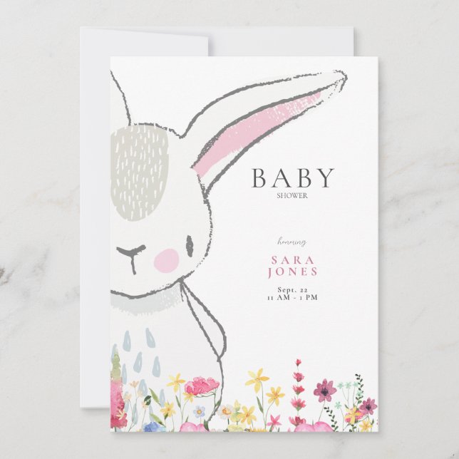 Invitación Baby Shower de color Wildflowers Rabbit (Anverso)