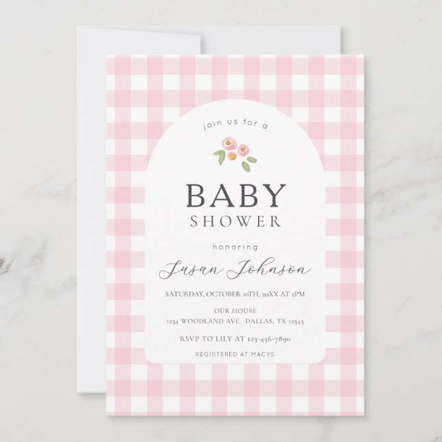 Invitación Baby Shower de comprobación de búfalo rosa y blanc (Anverso)