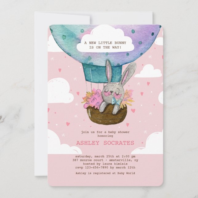 Invitación Baby Shower de conejito alto volando (Anverso)