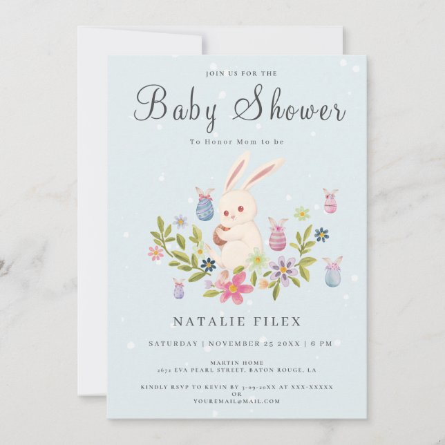 Invitación Baby Shower de conejito de Semana Santa Azul de Lu (Anverso)