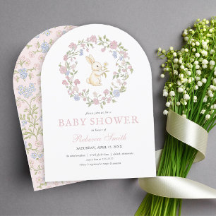 Invitación Baby Shower de conejito floral rosado delgado