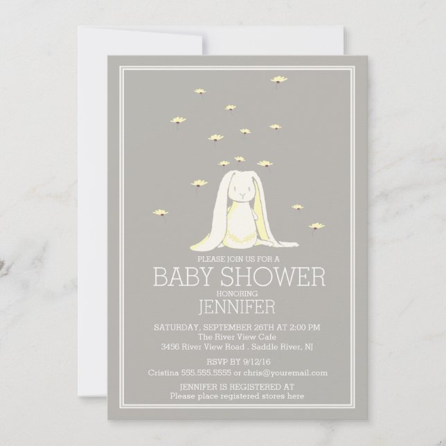 Invitación Baby Shower de conejito neutro amarillo bonito (Anverso)