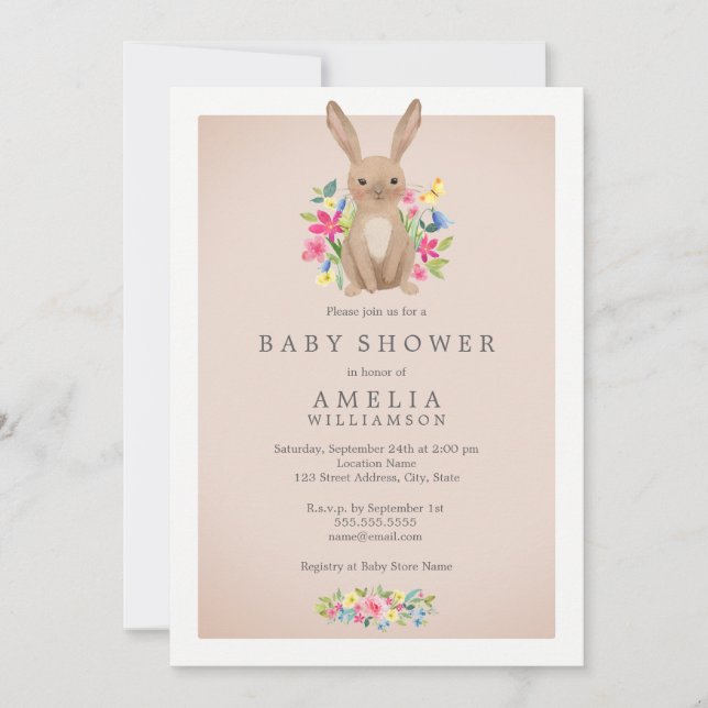 Invitación Baby Shower de conejito rosado dulce Wo (Anverso)