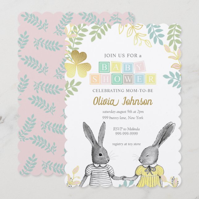 Invitación Baby Shower de conejito rústico neutro de género (Anverso / Reverso)