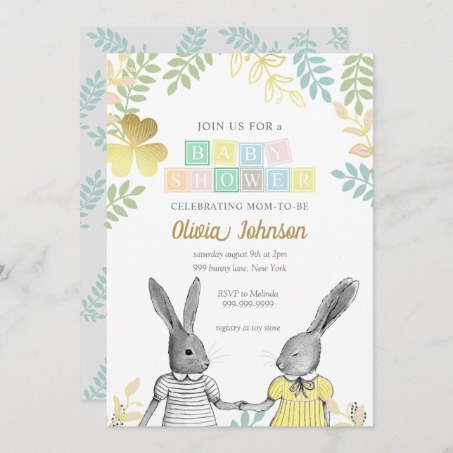 Invitación Baby Shower de conejito rústico neutro de género (Anverso / Reverso)
