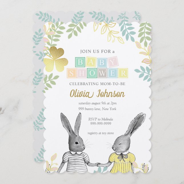 Invitación Baby Shower de conejito rústico neutro de género (Anverso / Reverso)