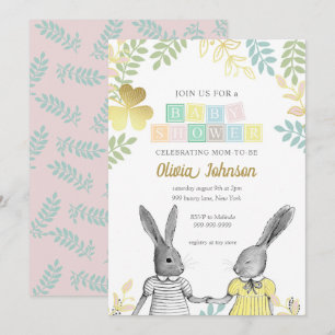 Invitación Baby Shower de conejito rústico neutro de género