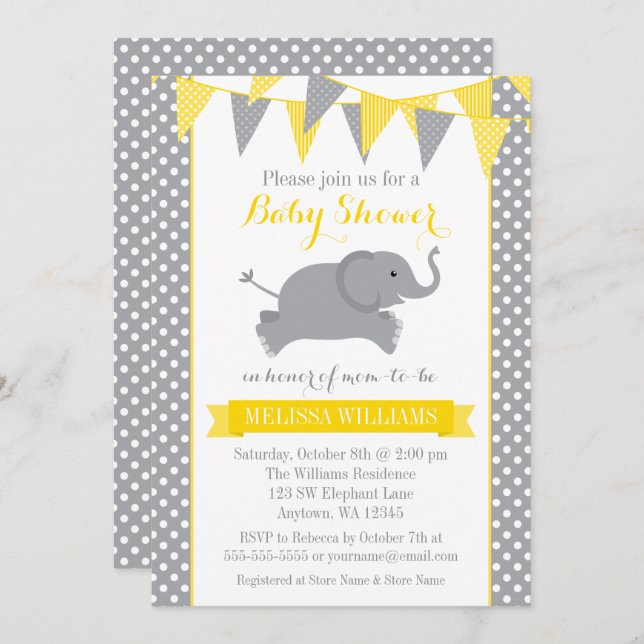 Invitación Baby Shower de conejo de elefante gris amarillo po (Anverso / Reverso)