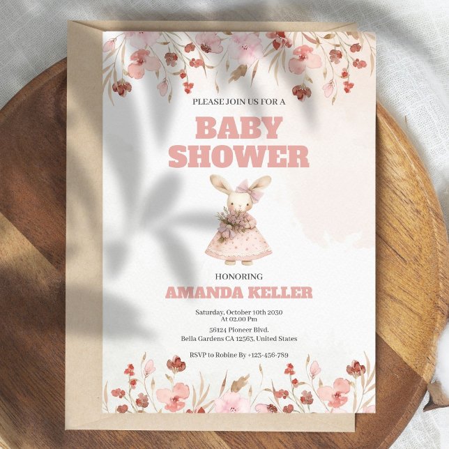 Invitación Baby Shower de conejo floral rosa (Subido por el creador)