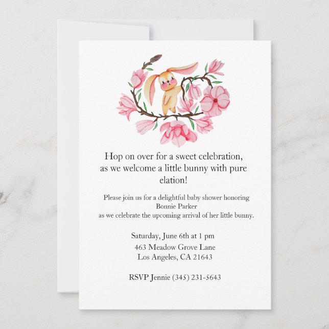 Invitación Baby Shower de conejo rosa Magnolia (Anverso)