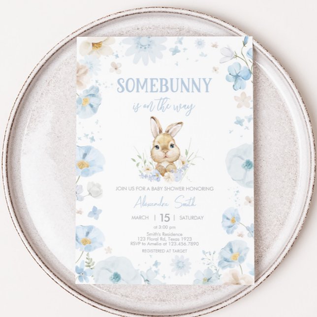 Invitación Baby Shower de conejo somebuní azul (Blue Rabbit Somebunny Baby Shower Invitation)
