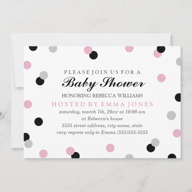 Invitación Baby Shower de confetti gris negro rosa (Anverso)