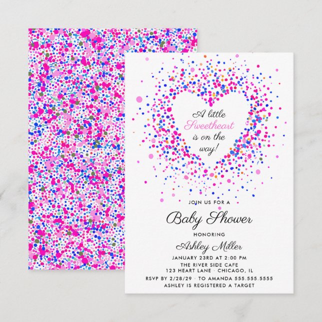 Invitación Baby Shower de confetti rosa y morado (Anverso / Reverso)