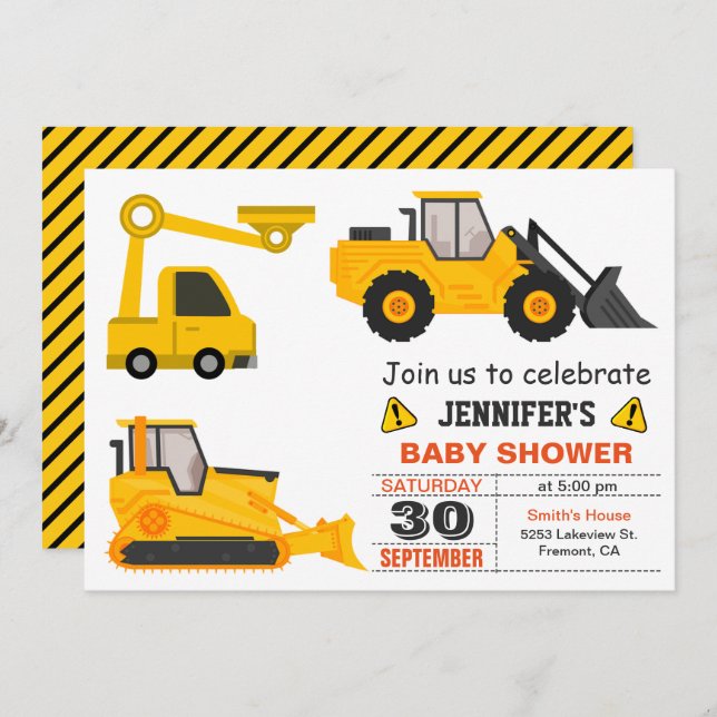 Invitación Baby Shower de construcción de bulldozer (Anverso / Reverso)