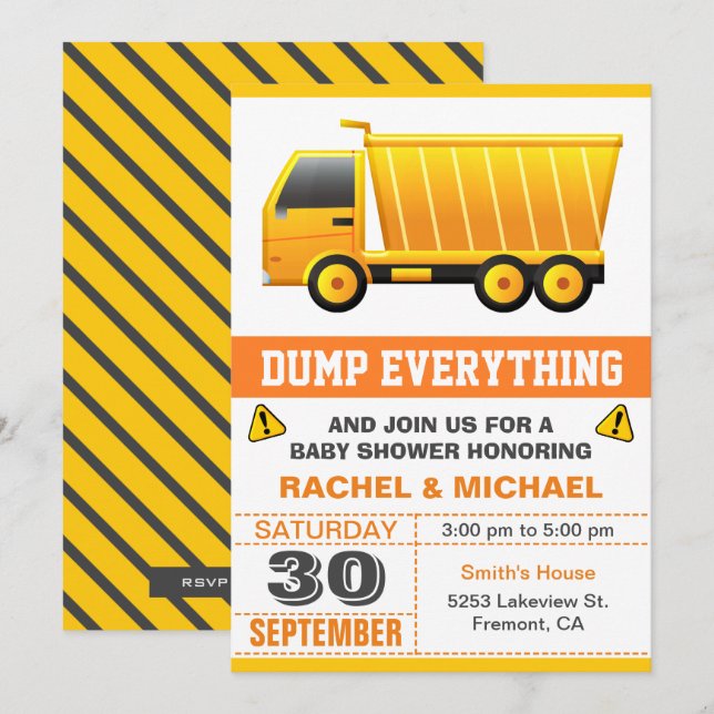 Invitación Baby Shower de construcción de camiones volcado (Anverso / Reverso)