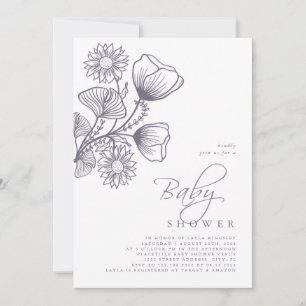 Invitación Baby Shower de contorno floral de lavanda mínima