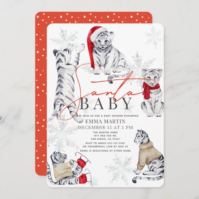 Invitación Baby Shower de copas de nieve de tigre blanco (Anverso / Reverso)