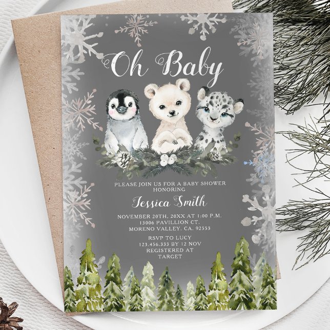 Invitación Baby Shower de copas de nieve en el bosque de anim (Subido por el creador)