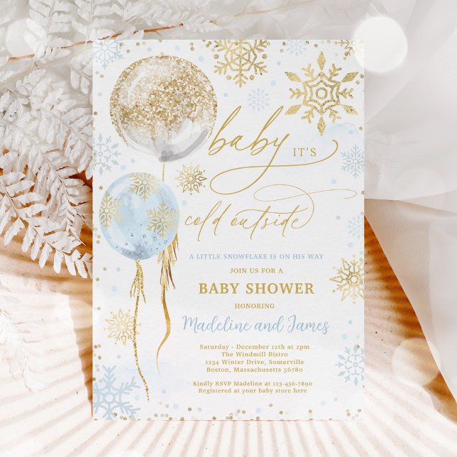 Invitación Baby Shower de copo de nieve azul y dorado en invi (Subido por el creador)